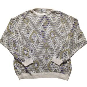VTG  Progetto Geometric Knit Sweater Cream Olive Purple Men Medium MADE ITALY